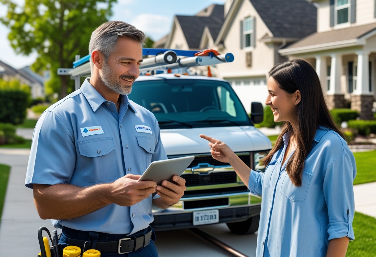 The Role Of Customer Reviews In Selecting Sewer Line Repair Services For Reliable Decision-Making 1 A plumber and a homeowner discussing sewer line repair outdoors near a service van in a residential area.