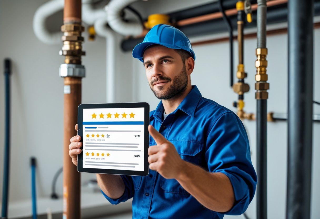 The Role Of Customer Reviews In Selecting Sewer Line Repair Services For Reliable Decision-Making 2 A plumber inspecting a sewer line repair site while looking at a tablet.