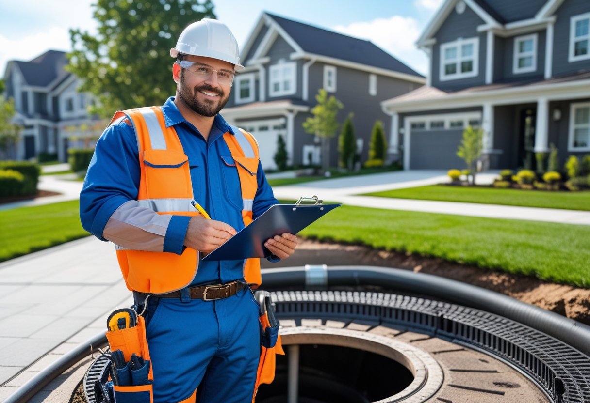 A plumber inspecting a sewer line repair site outdoors with a clipboard, near exposed pipes and manhole covers in a residential neighborhood.