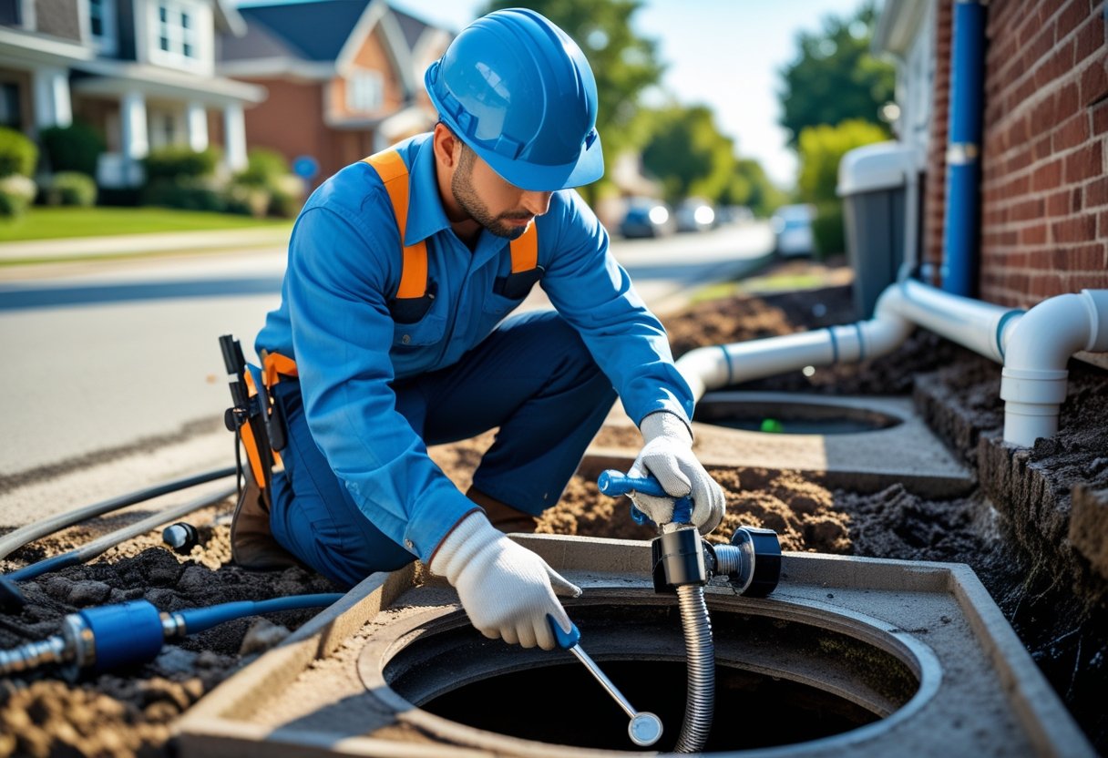 Essential Credentials For A Reliable Sewer Line Repair Service: Key Qualifications To Ensure Quality Work 1 A plumber wearing protective gear repairing a sewer line outdoors near an open manhole in a residential area.