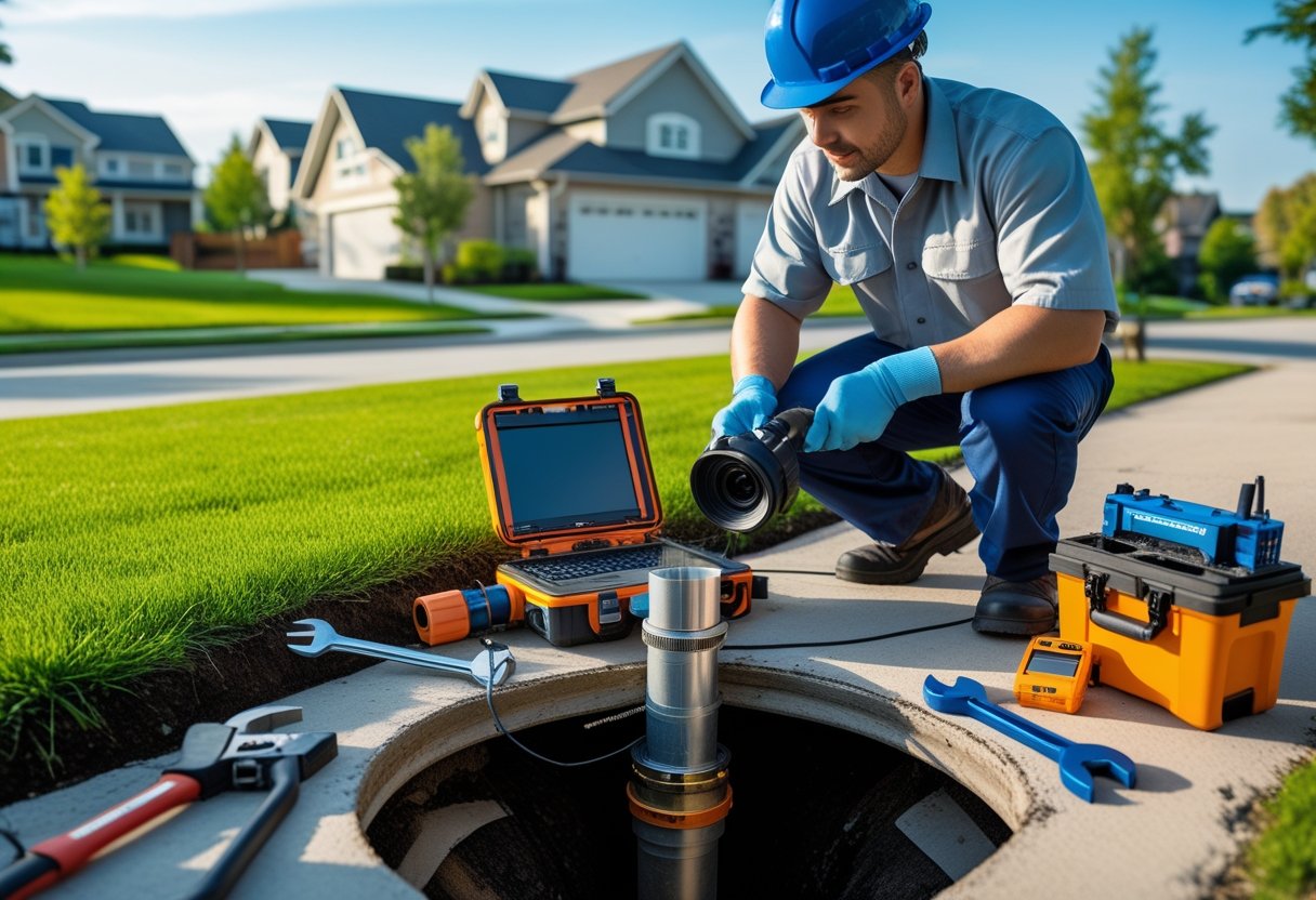 Essential Credentials For A Reliable Sewer Line Repair Service: Key Qualifications To Ensure Quality Work 2 A sewer line repair technician inspecting an underground pipe with tools and equipment in a residential neighborhood.