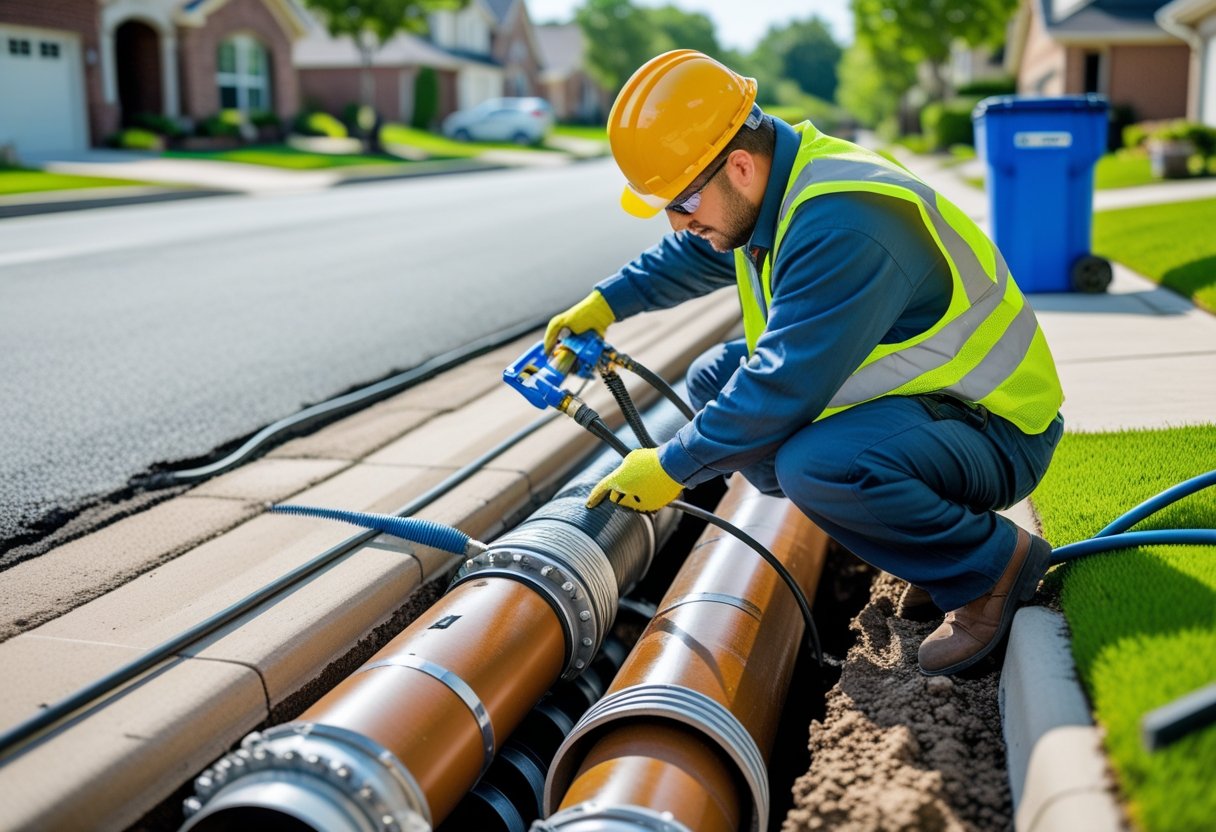 Tips For Finding Affordable Sewer Line Repair Options: Smart Ways To Save On Quality Service 1 Technician operating trenchless sewer repair equipment near a residential street with underground pipes being repaired.
