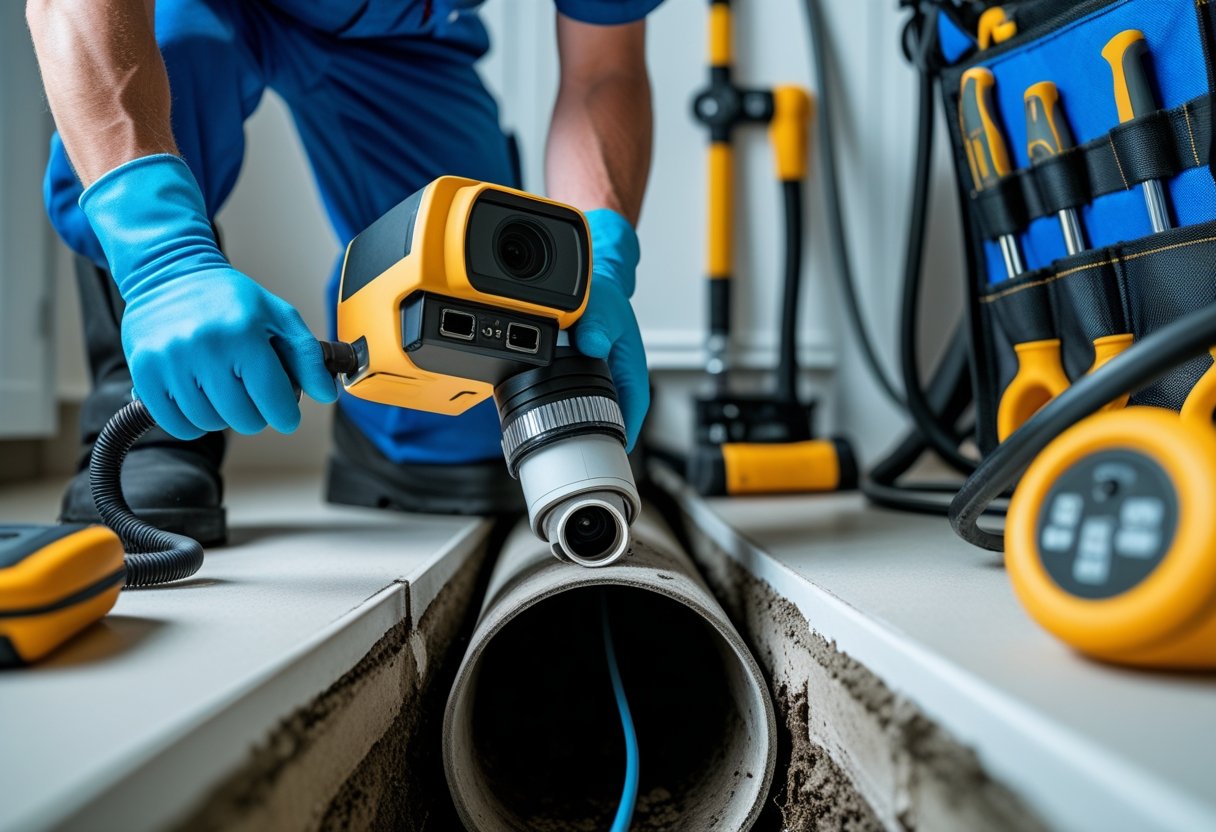 Benefits Of Scheduling Regular Sewer Line Inspections For Long-Term Plumbing Efficiency 1 A plumber inspecting a sewer line using a camera device inside a clean sewer pipe in a well-lit setting.