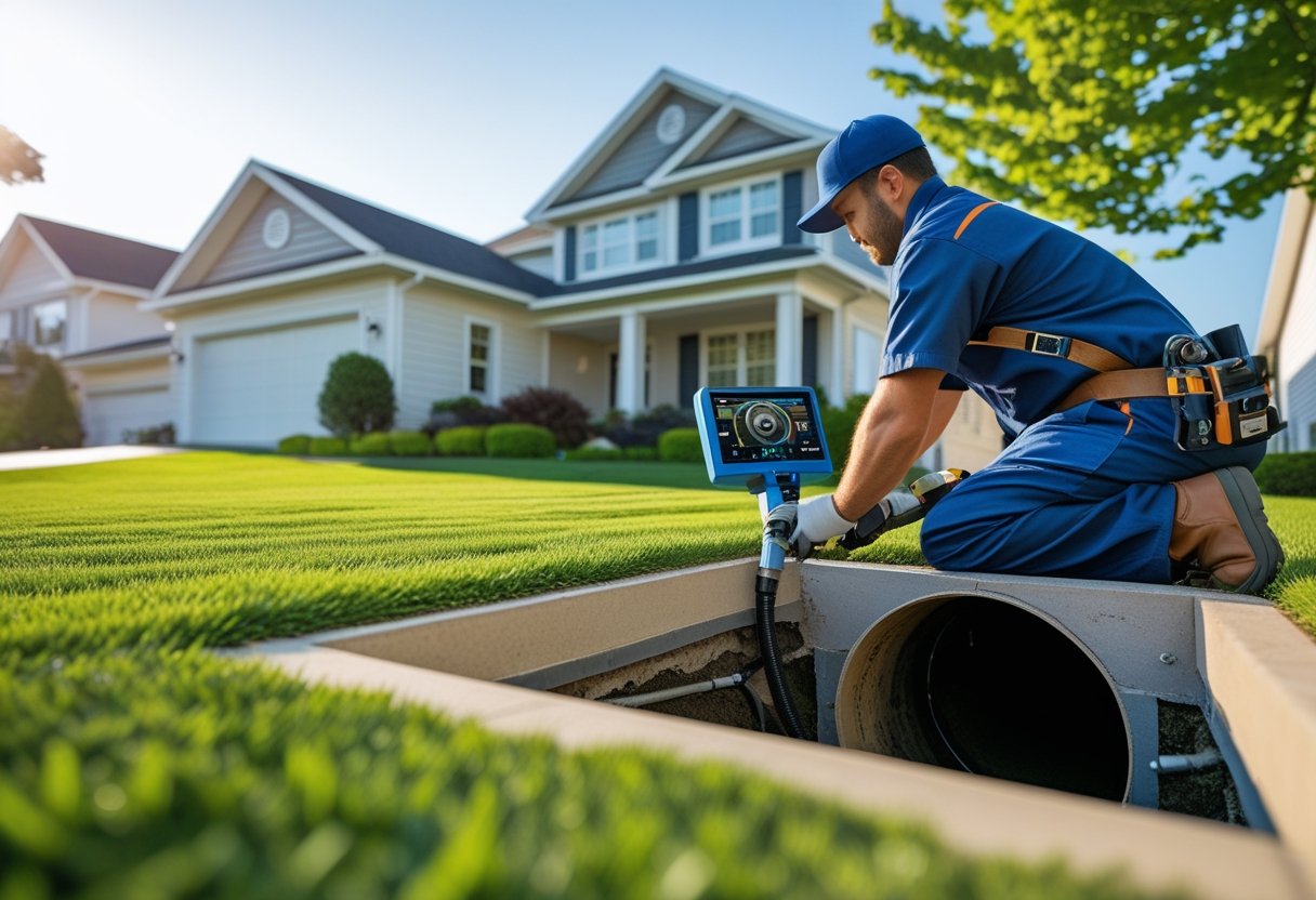 Benefits Of Scheduling Regular Sewer Line Inspections For Long-Term Plumbing Efficiency 2 A plumber inspecting a sewer line outside a suburban home during the day.