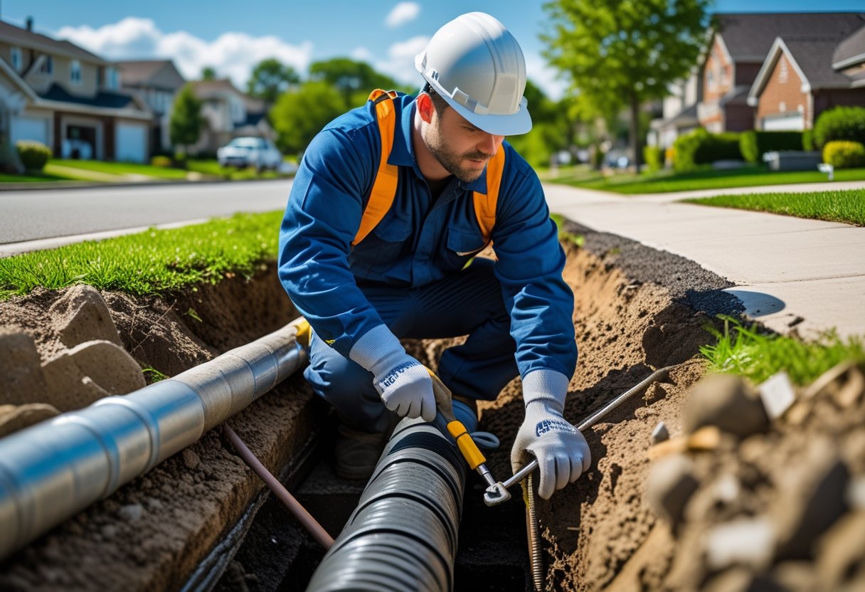 The Importance Of Local Expertise In Sewer Line Repair Services For Reliable And Efficient Solutions 1 A plumber inspecting exposed sewer pipes in a residential neighborhood during a repair.