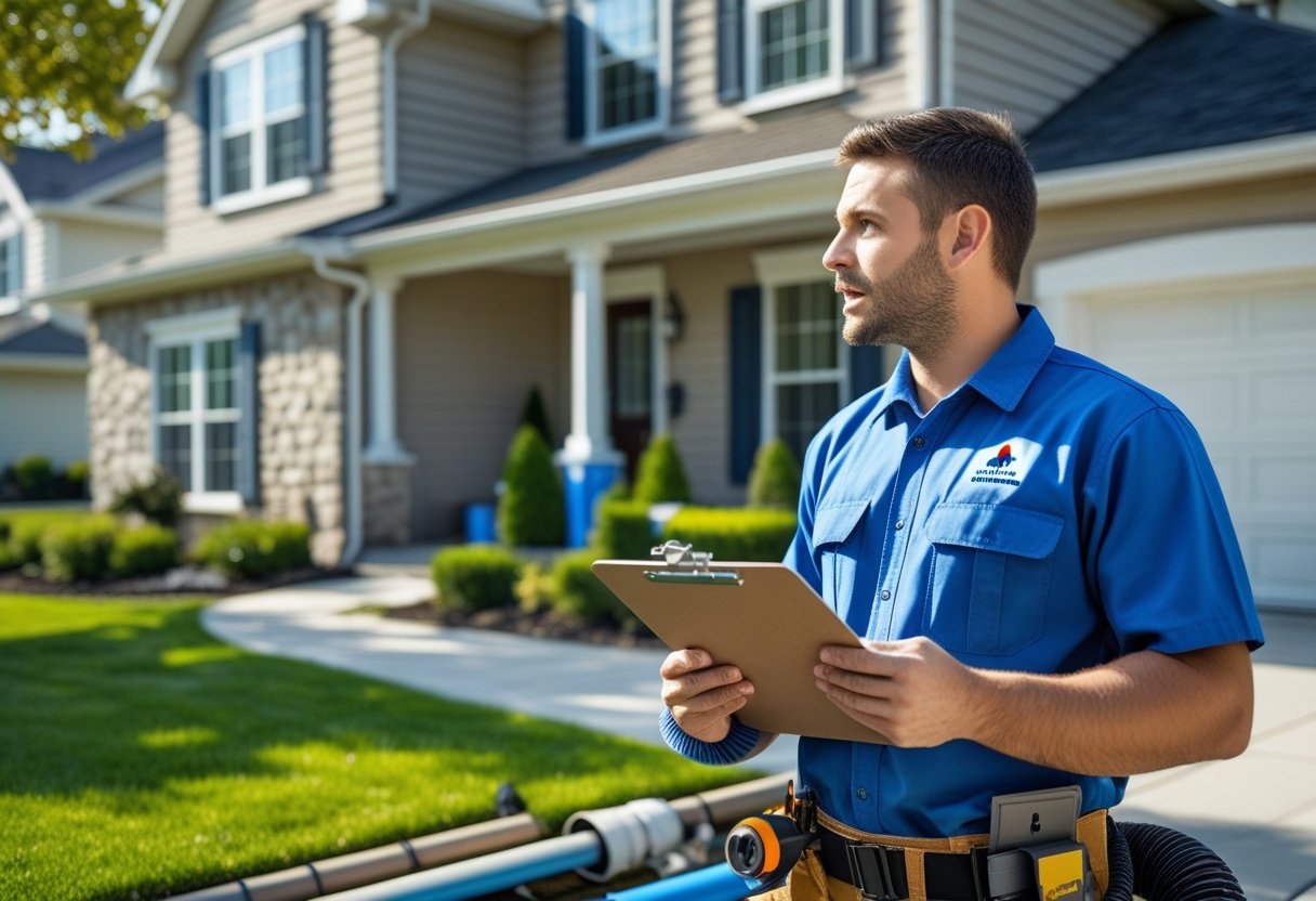 Red Flags to Watch for When Choosing a Sewer Line Repair Service: Key Factors for Smart Homeowners 1 A homeowner talks seriously with a plumber outside a house, with plumbing tools nearby.
