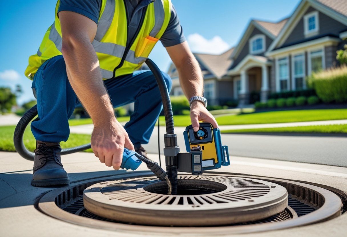 The Role of Sewer Line Maintenance in Home Longevity: Ensuring Lasting Structural Integrity 1 Technician inspecting a sewer line near a manhole cover outside a well-maintained suburban house on a sunny day.