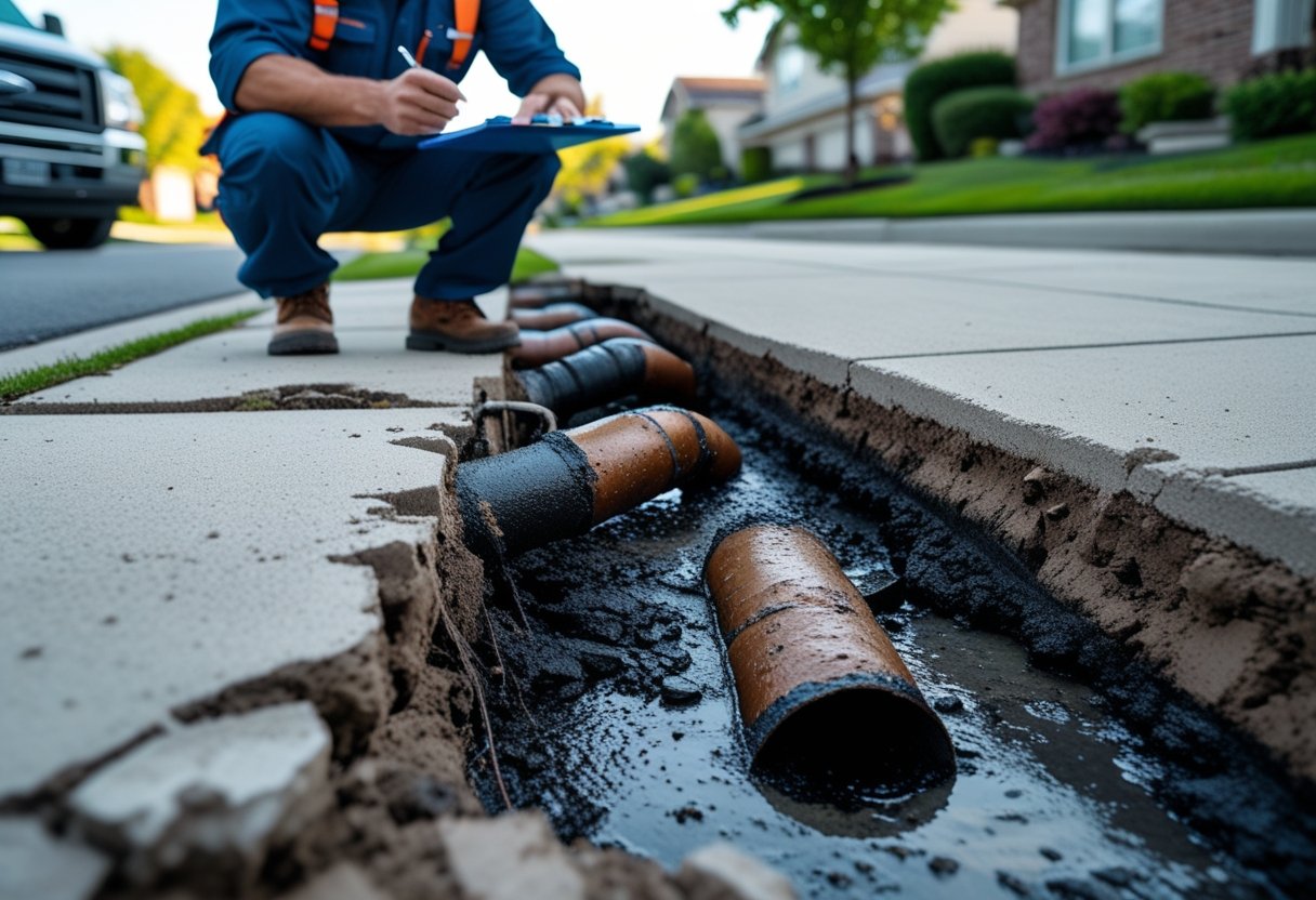 Red Flags to Watch for When Choosing a Sewer Line Repair Service: Key Factors for Smart Homeowners 2 A homeowner and plumber inspecting damaged underground sewer pipes with cracks and water leaks in a residential neighborhood.