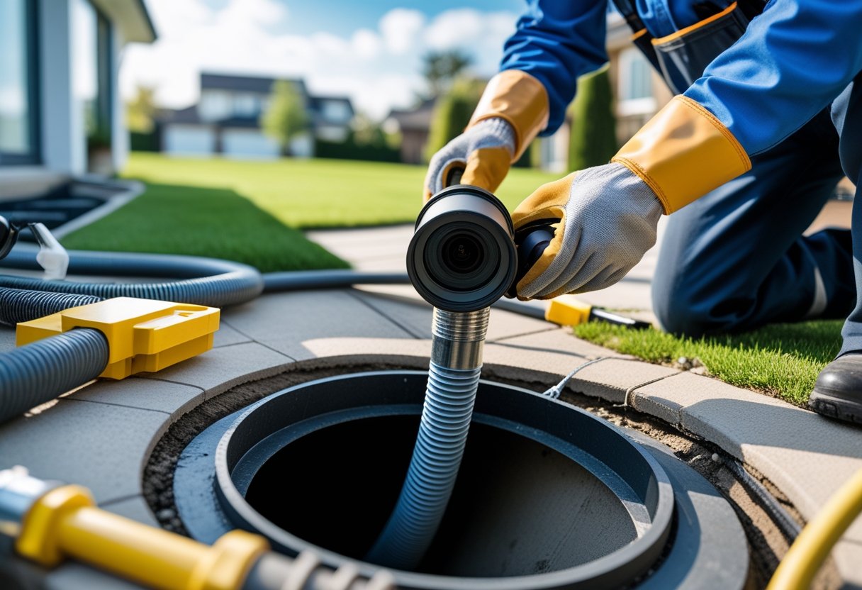 The Role of Sewer Line Maintenance in Home Longevity: Ensuring Lasting Structural Integrity 2 A plumber inspecting a residential sewer pipe with a camera, next to a modern home exterior.