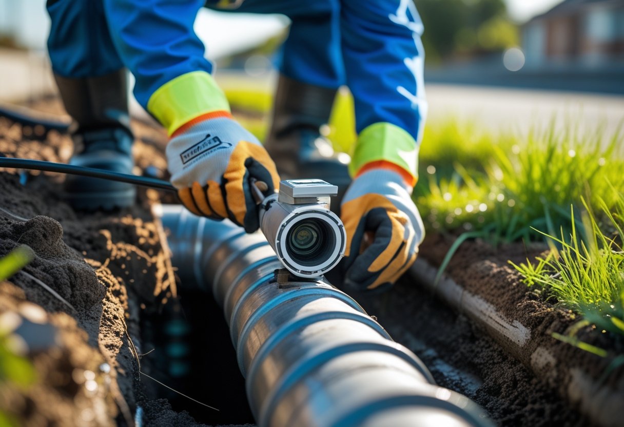 Why Regular Maintenance Is Key To Sewer Line Longevity And Long-Term System Health 1 Technician inspecting a clean underground sewer pipe with tools in a grassy outdoor area.