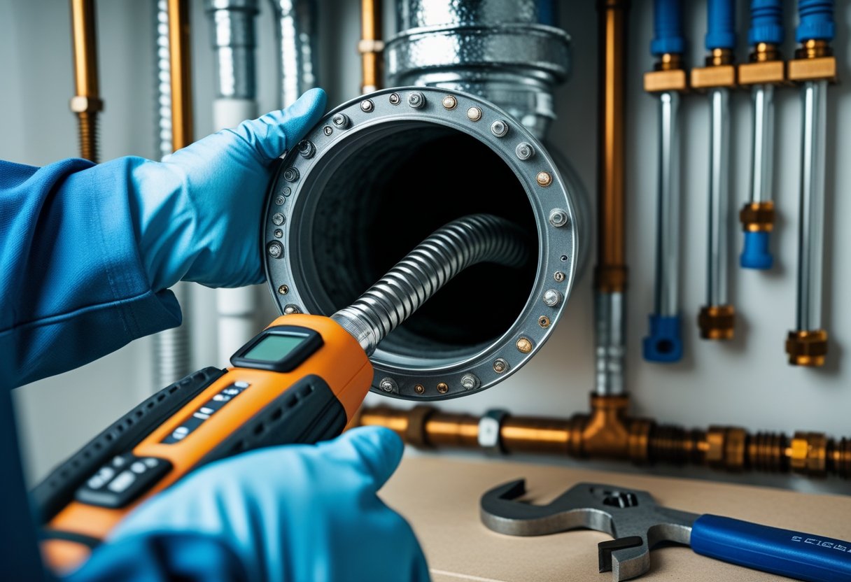 Essential Tips For Maintaining Your Sewer Line And Preventing Costly Repairs 1 A plumber wearing blue gloves holding a sewer inspection camera inside a residential sewer pipe with plumbing tools in the background.