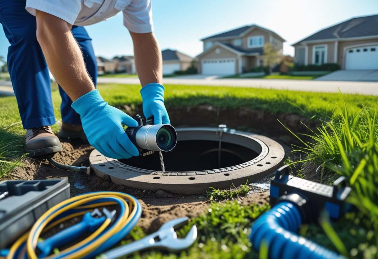 Essential Tips For Maintaining Your Sewer Line And Preventing Costly Repairs 2 A plumber inspecting a sewer line using a camera inserted into an open manhole in a residential area.