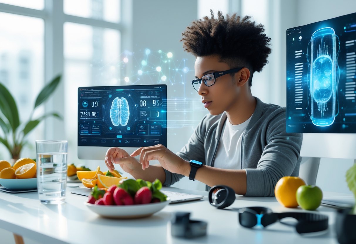 A person in a bright workspace interacting with futuristic digital health data, surrounded by healthy foods and wearable technology.