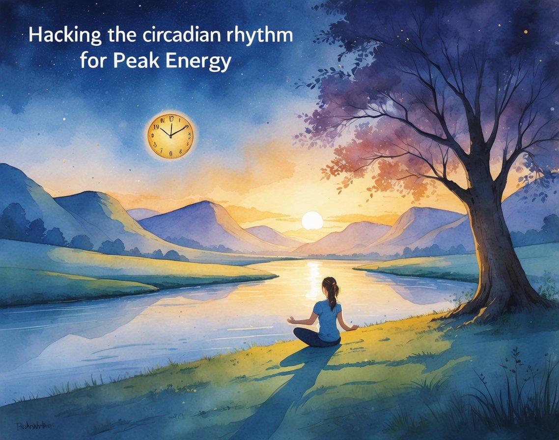 A person stretching near a tree at sunrise by a river with rolling hills and a sky transitioning from night to morning.