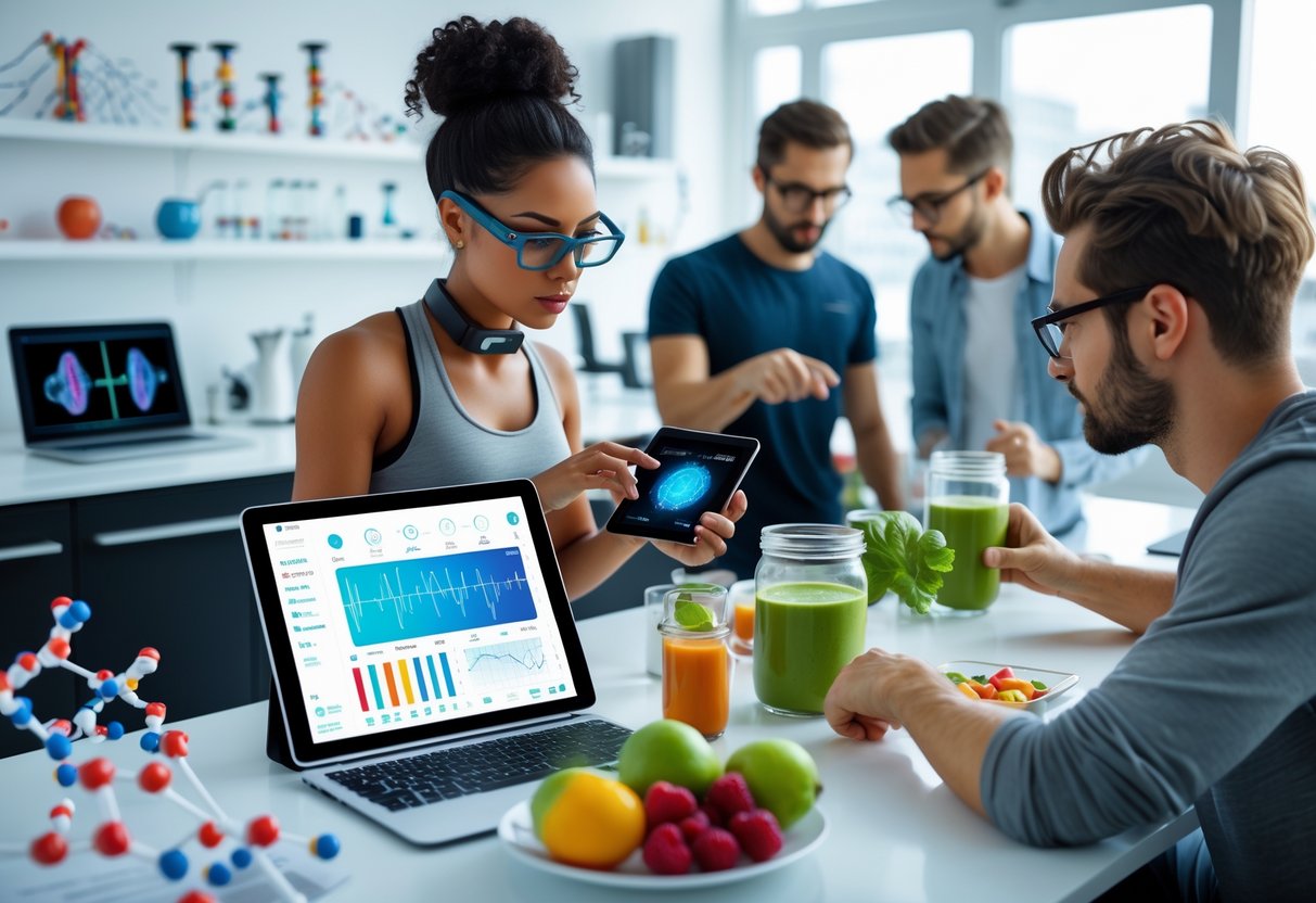 People in a bright workspace using technology and preparing healthy food to optimize their body and mind.