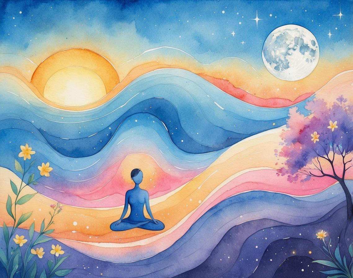 A person surrounded by flowing waves of light under a rising sun, midday sun, and moon with stars, representing the natural daily cycle of energy.