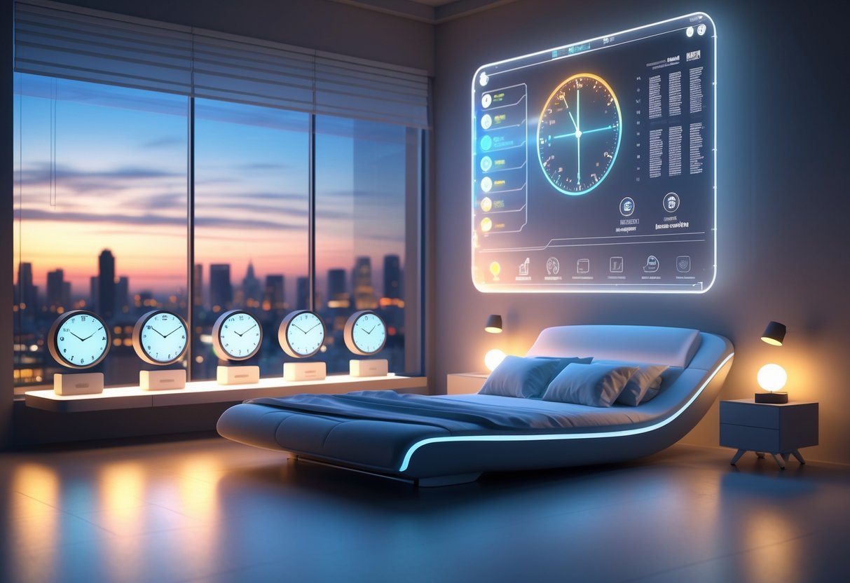 A futuristic bedroom with a modern bed, multiple clocks showing different times, and a holographic display illustrating sleep cycles against a city skyline showing day and night.