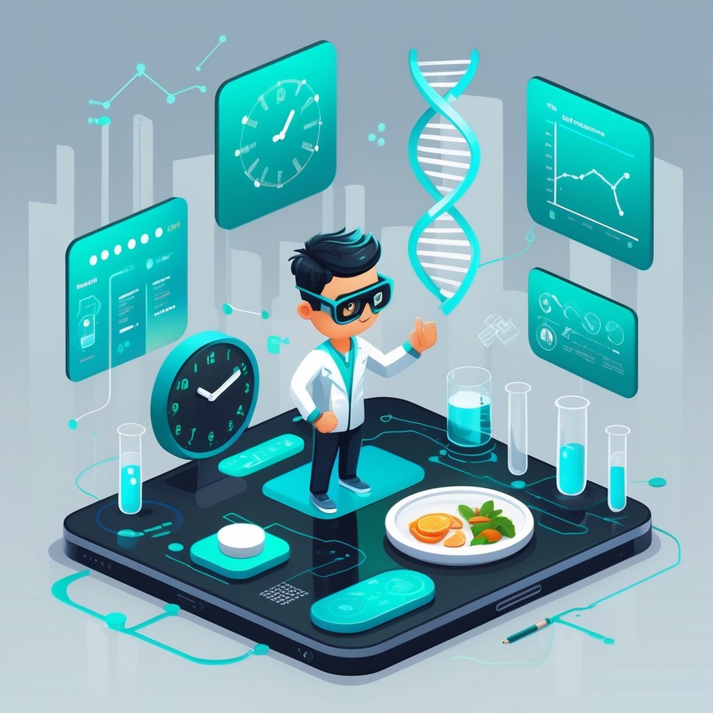 A person analyzing health data with digital screens in a futuristic lab surrounded by symbols of fasting, biology, and health optimization.