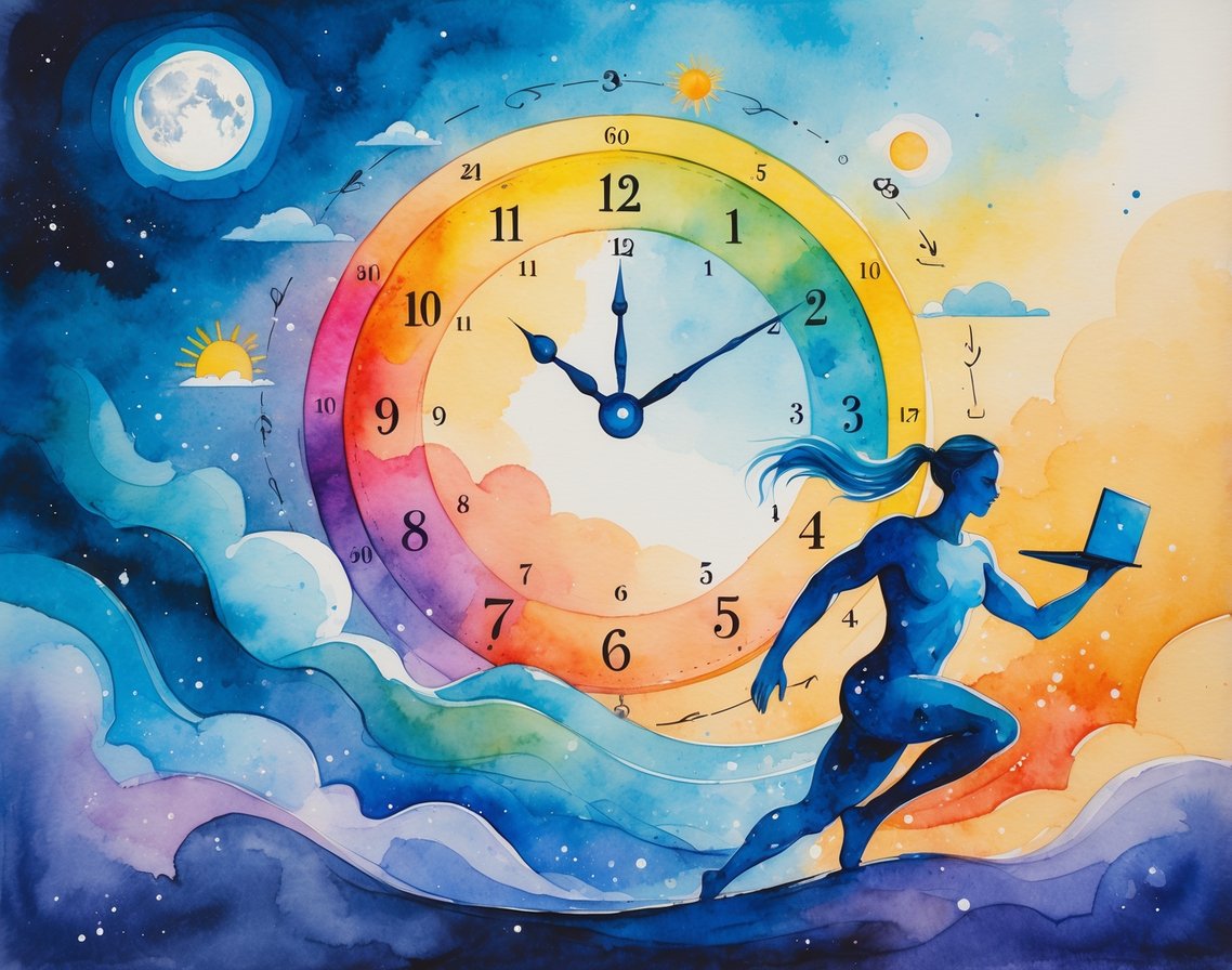 A person surrounded by a glowing 24-hour clock showing different times of day with sun, sunset, and moon, engaged in activities representing energy and rest throughout the day.
