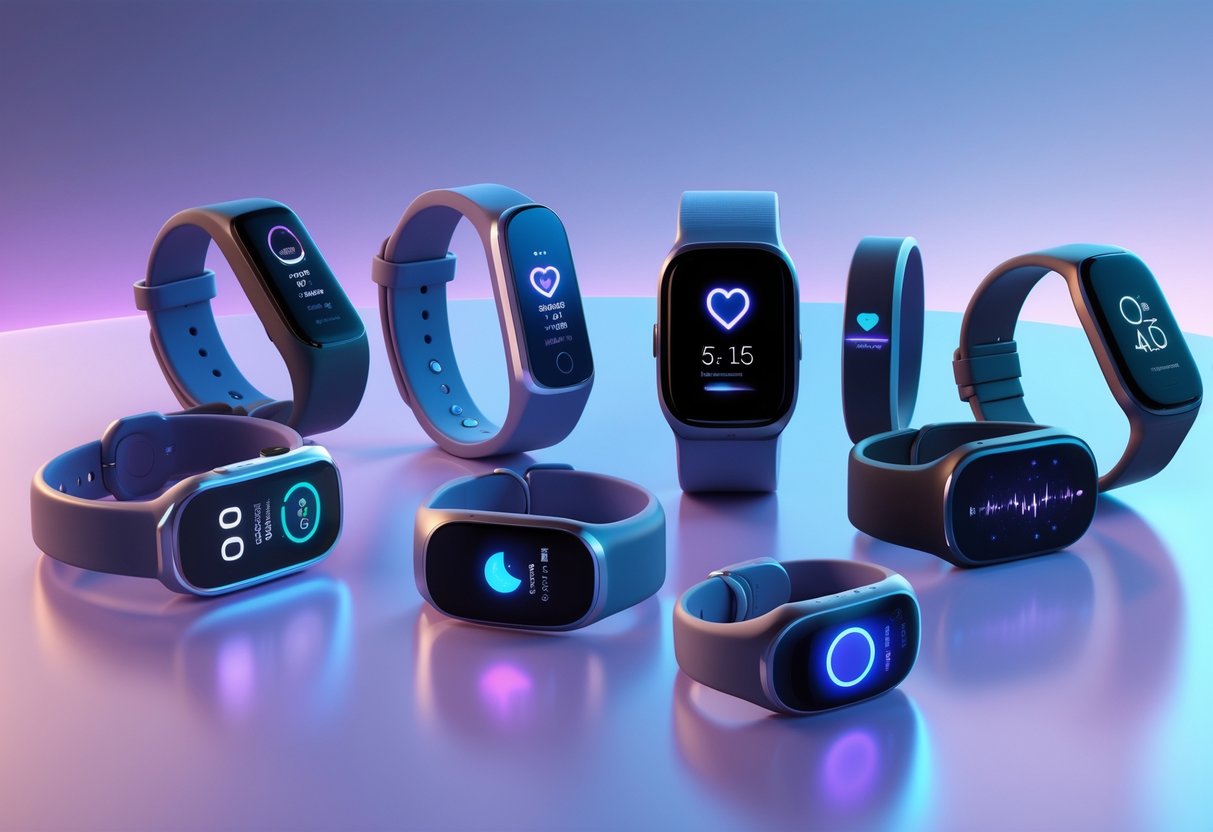 A collection of modern sleep tracking devices including smartwatches, fitness bands, and rings displayed on a smooth surface with soft lighting and a calming nighttime background.