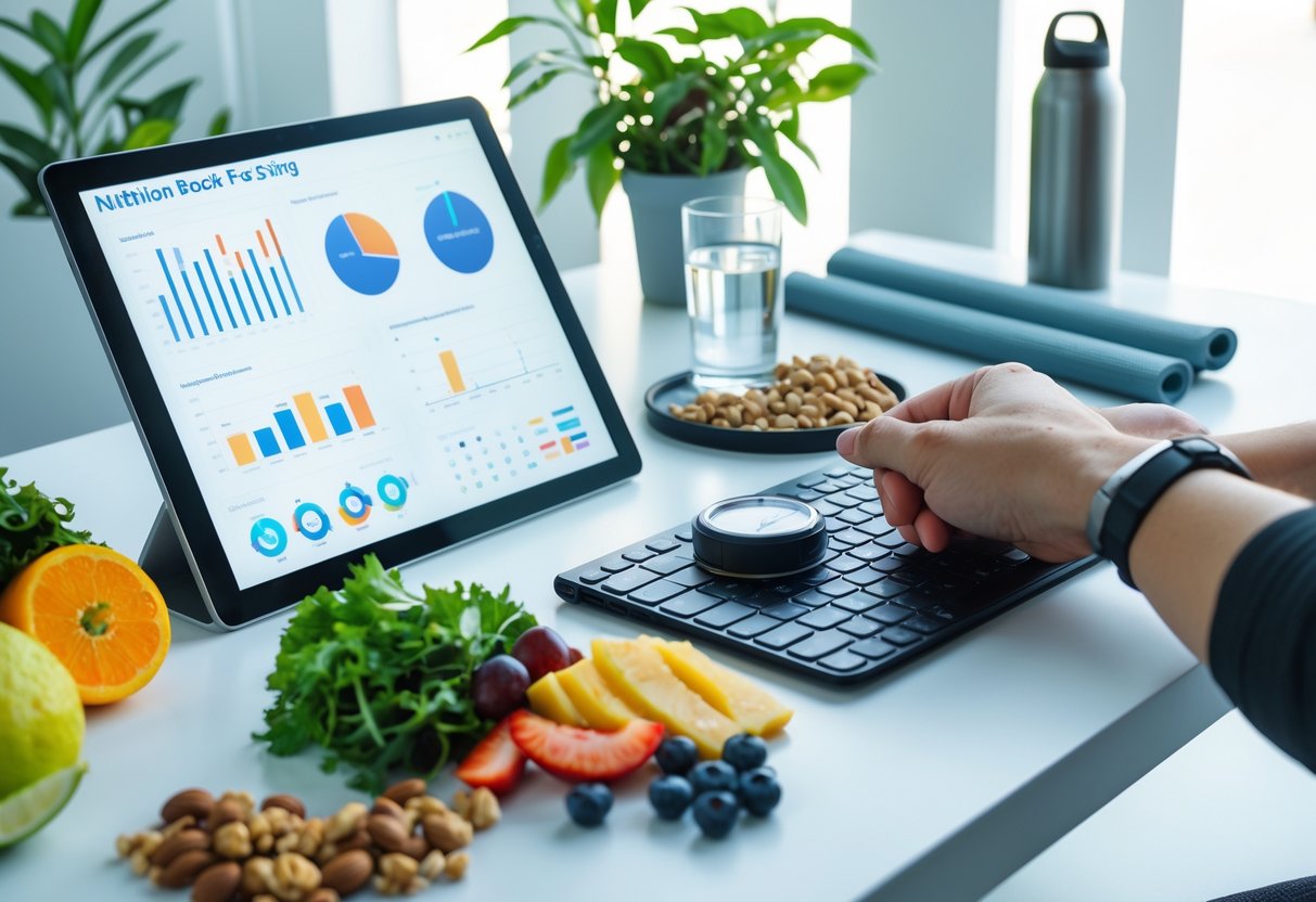 A clean workspace with healthy foods, a tablet showing charts, and a hand holding a timer, symbolizing nutrition and fasting strategies.