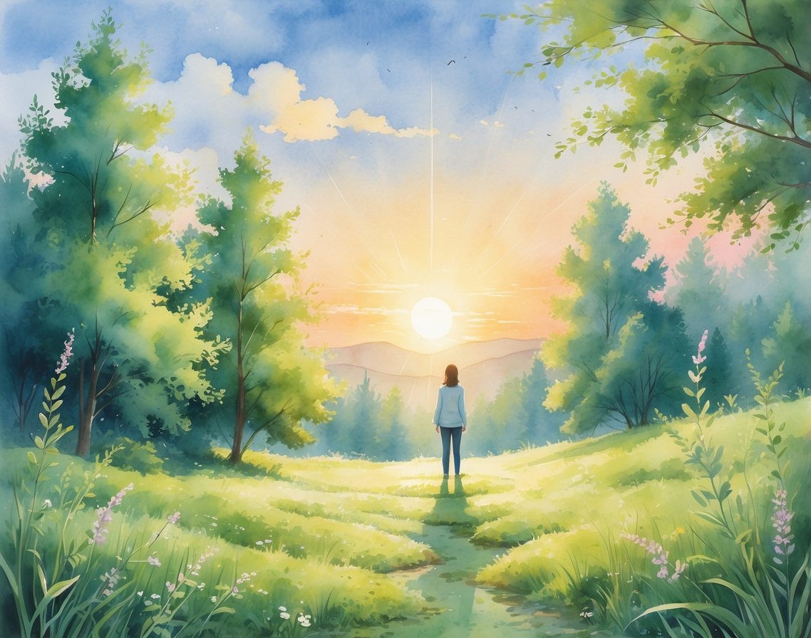 A person standing outdoors facing the rising sun with trees and wildflowers around, bathed in warm morning light.