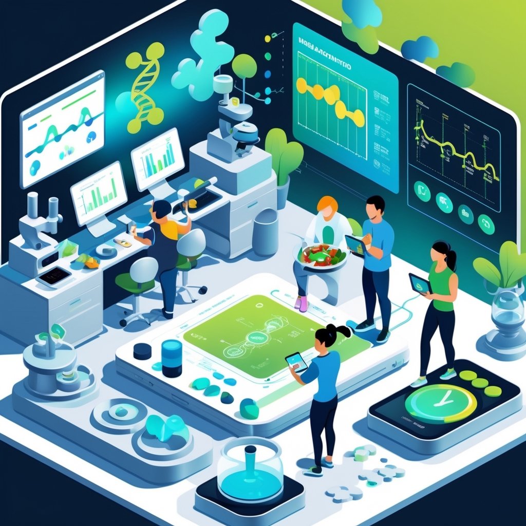 A detailed isometric scene showing people in a laboratory using scientific equipment and wearable devices to study and practice intermittent fasting, surrounded by symbols of metabolism and health.