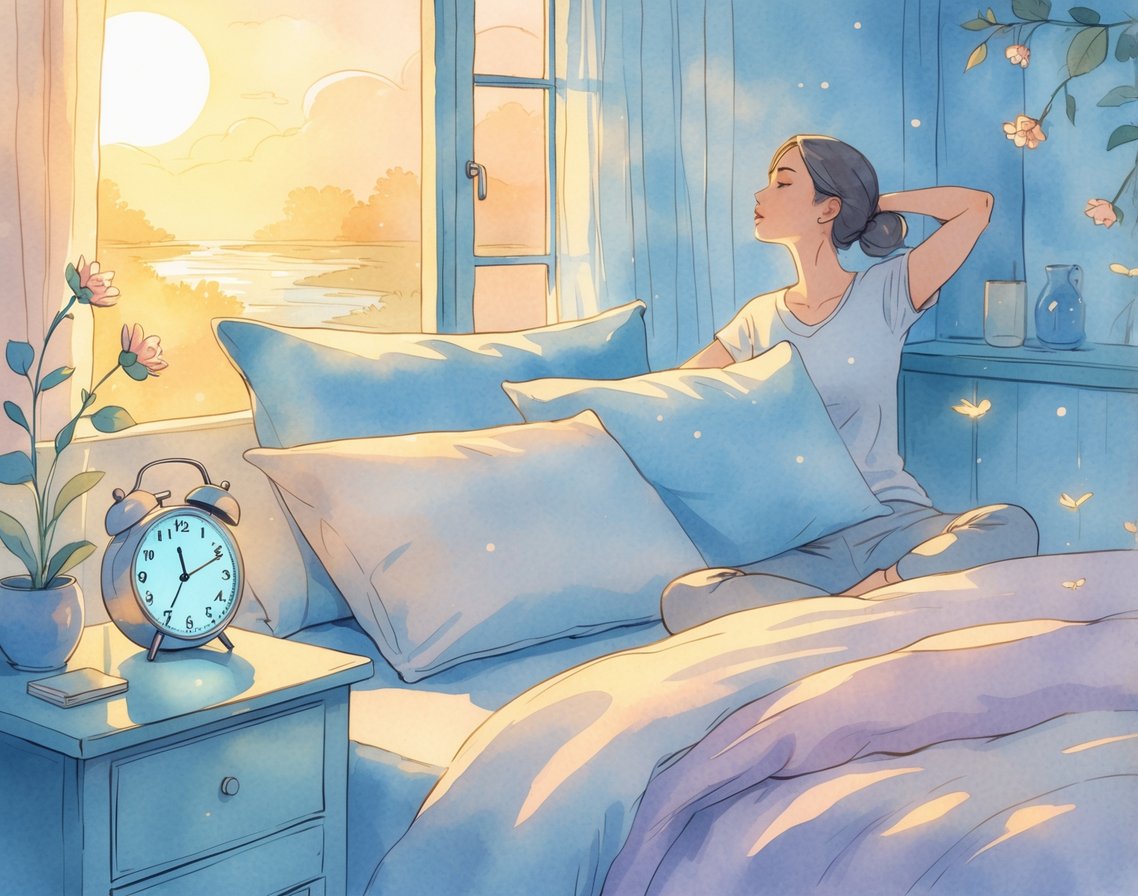 A peaceful bedroom with morning sunlight, a cozy bed, a glowing alarm clock, and a person stretching by the window overlooking a calm natural scene.
