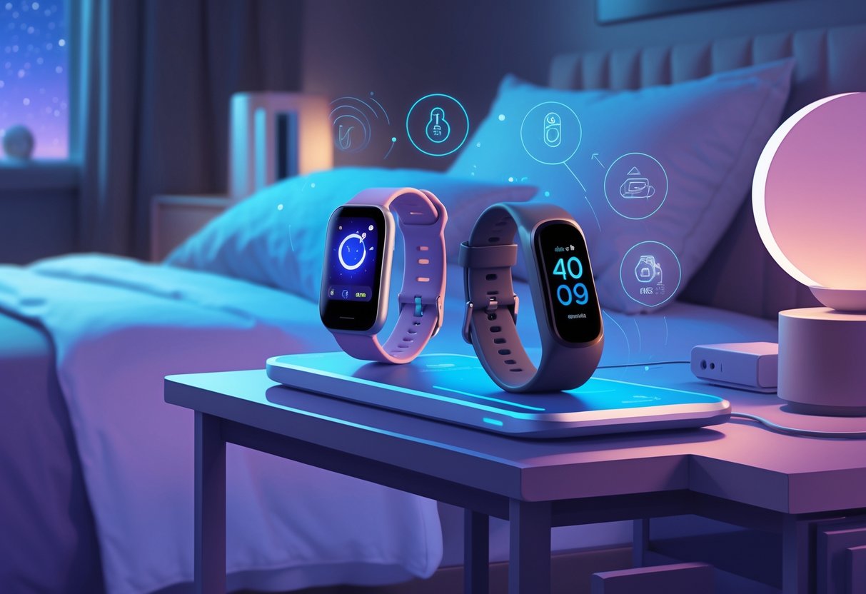 A bedside table with various sleep tracking devices including a smartwatch, fitness band, and sleep sensor in a calm bedroom setting with a bed and pillows in the background.