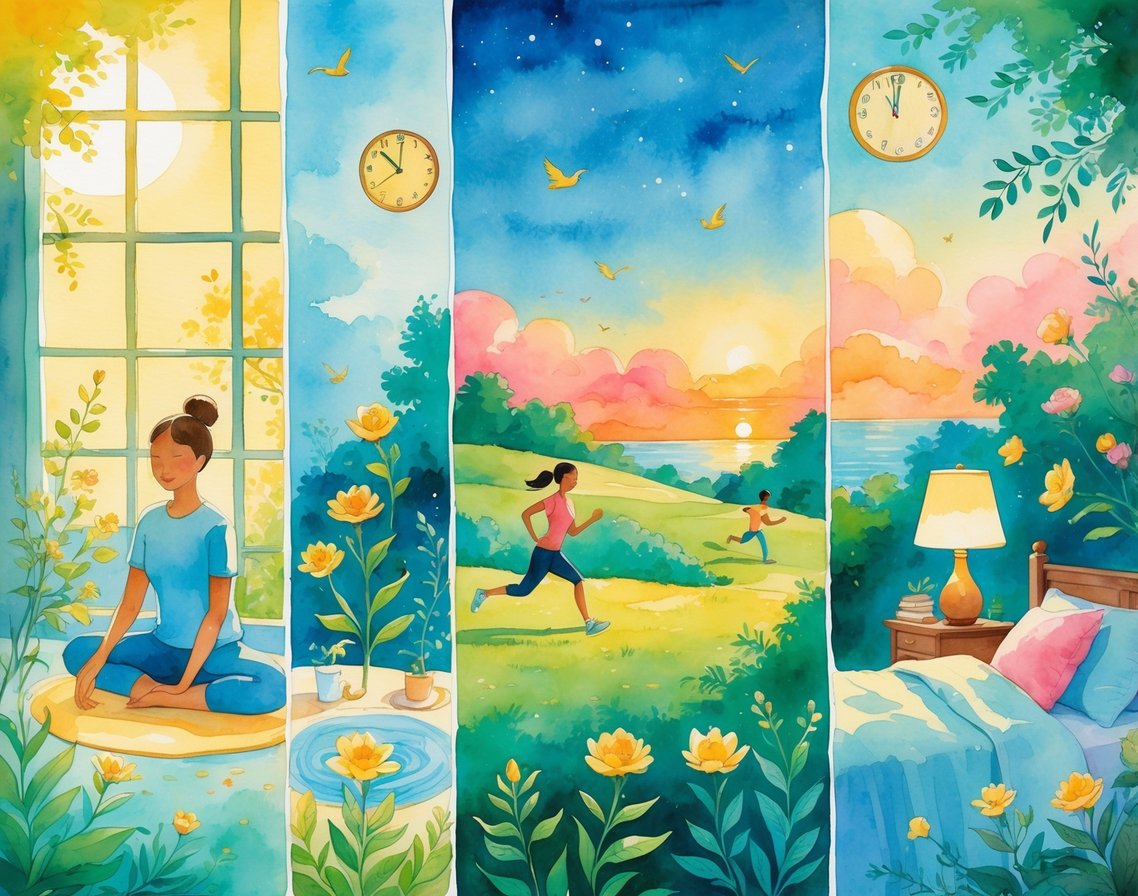 A peaceful scene showing people engaged in morning stretching, afternoon jogging, evening reading, and sleeping at night, surrounded by natural elements representing the flow of energy throughout the day.
