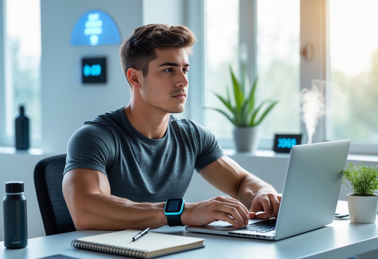 A focused young adult working at a desk with a laptop, wearing a fitness tracker, surrounded by wellness and technology items in a bright room.