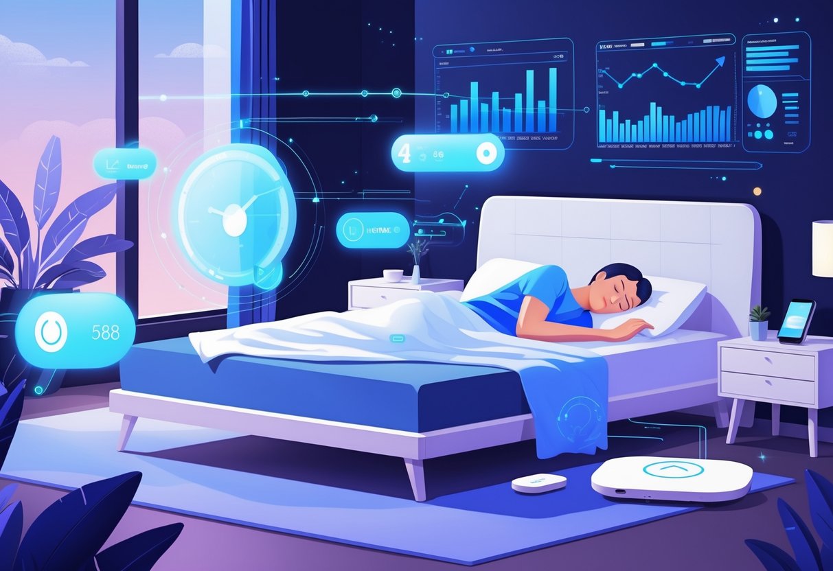 A person sleeping peacefully in a modern bedroom surrounded by various sleep tracking devices with glowing data visualizations floating around them.