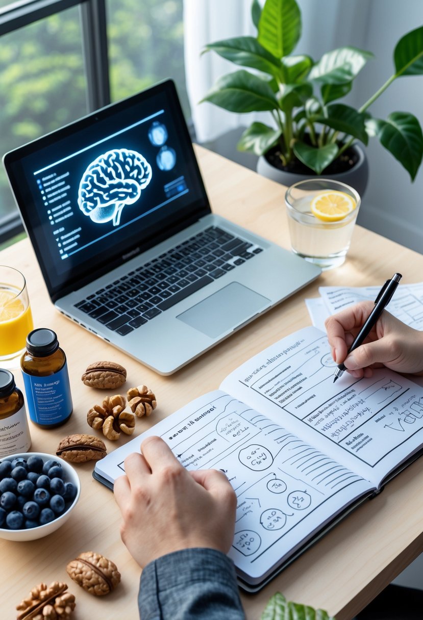A person’s hands writing notes at a desk with a laptop, nootropic supplements, fresh fruits, and a glass of water, surrounded by natural light and a green plant.