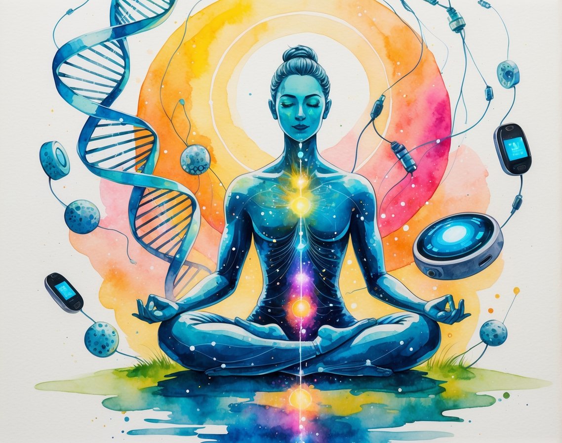 A person meditating surrounded by abstract DNA strands, glowing neural pathways, and futuristic devices with sunrise and sunset colors in the background.