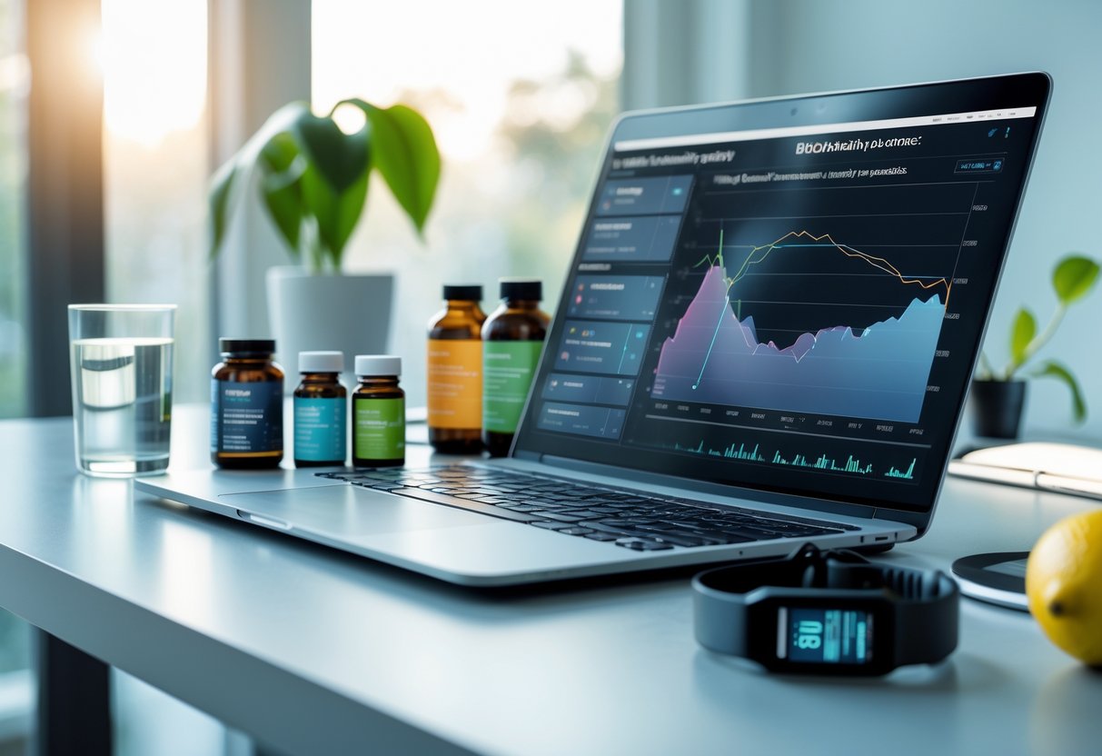 A modern workspace with a laptop showing health data, fitness tracker, supplements, a glass of water with lemon, and a small plant in natural light.