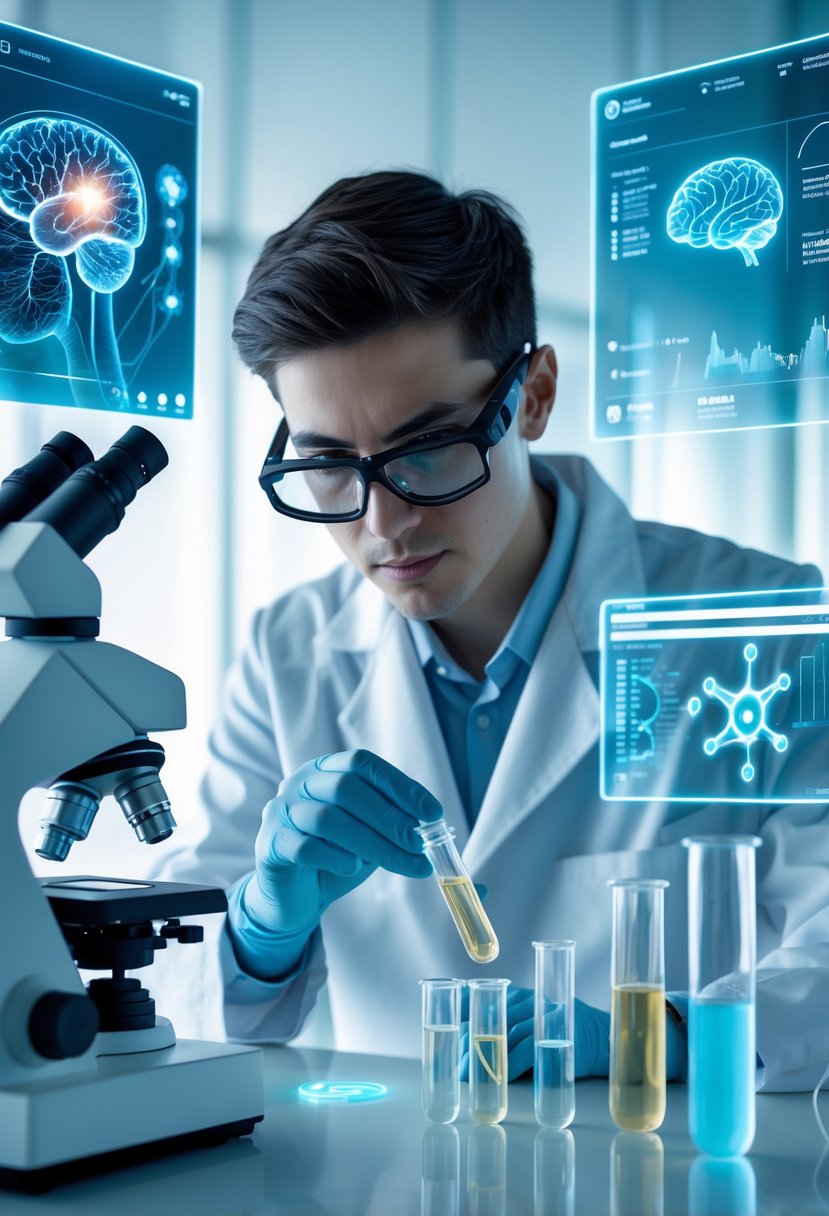 A scientist in a lab coat examines a glowing vial in a modern laboratory with digital brain scans and holographic data displays around them.
