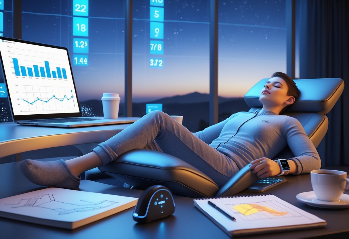 A person resting in a reclining chair next to a desk with multiple clocks showing different times, a laptop with productivity charts, and a window displaying a night to day sky transition.