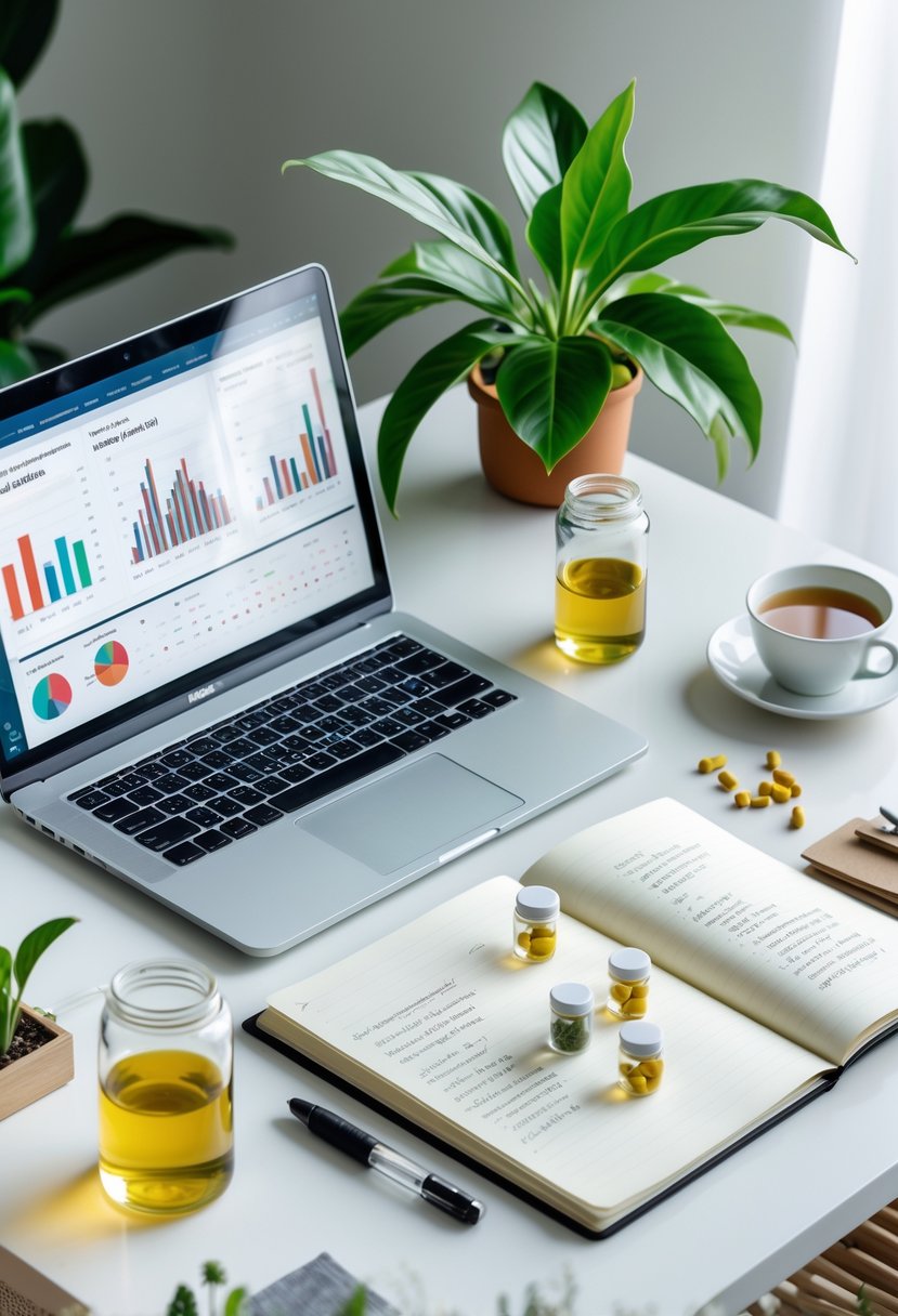 A clean workspace with a laptop, natural nootropic supplements, a plant, and an open journal, suggesting a healthy cognitive enhancement routine.