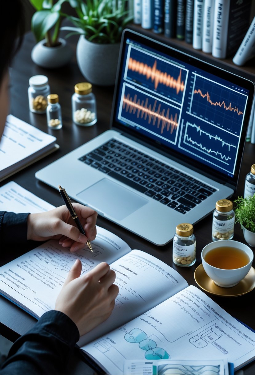 A workspace with a laptop showing brainwave graphs, notebooks with notes, supplement bottles, and a hand holding a pen.