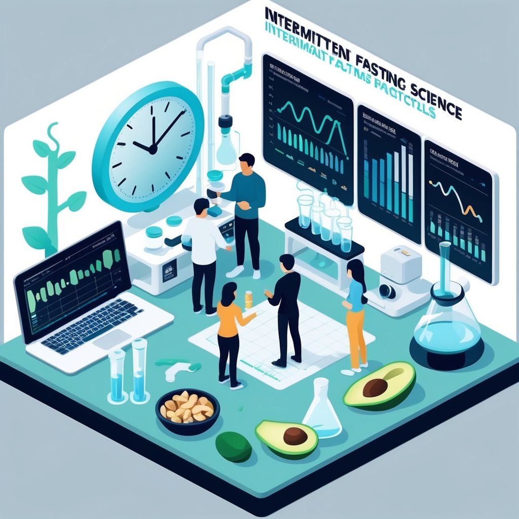 A laboratory scene where people study intermittent fasting using scientific equipment and clocks showing fasting times, surrounded by healthy food items.