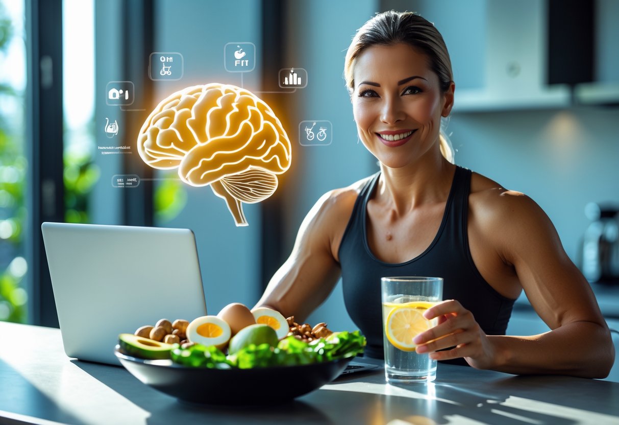 A healthy adult sitting at a kitchen counter with a bowl of keto-friendly foods and a glass of water, with a glowing brain illustration visible on a laptop screen in the background.