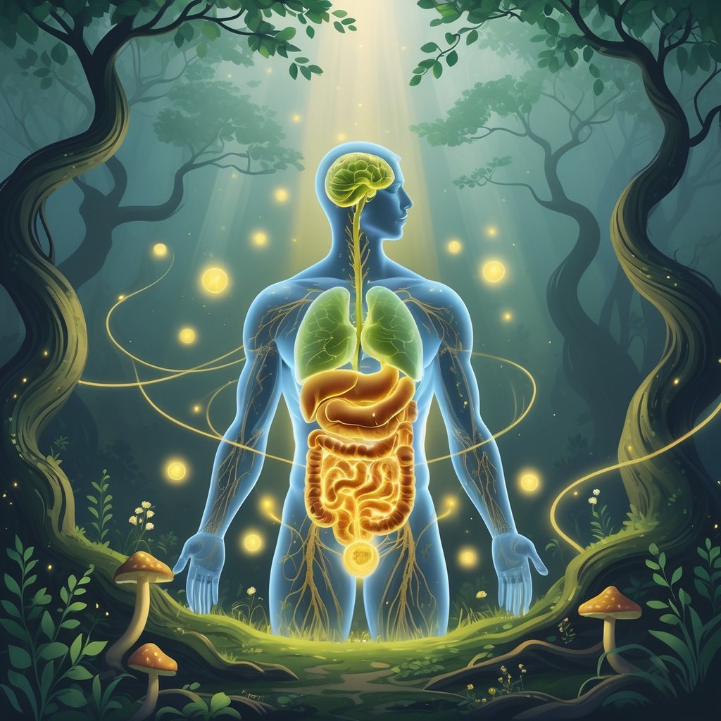 A glowing human figure with an illuminated digestive system surrounded by floating glowing microorganisms in a mystical forest with shimmering trees and soft sunlight.