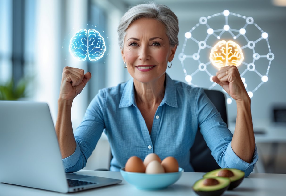 A focused person sitting at a desk with a laptop and a bowl of healthy ketogenic foods, with subtle brain-related graphics in the background.