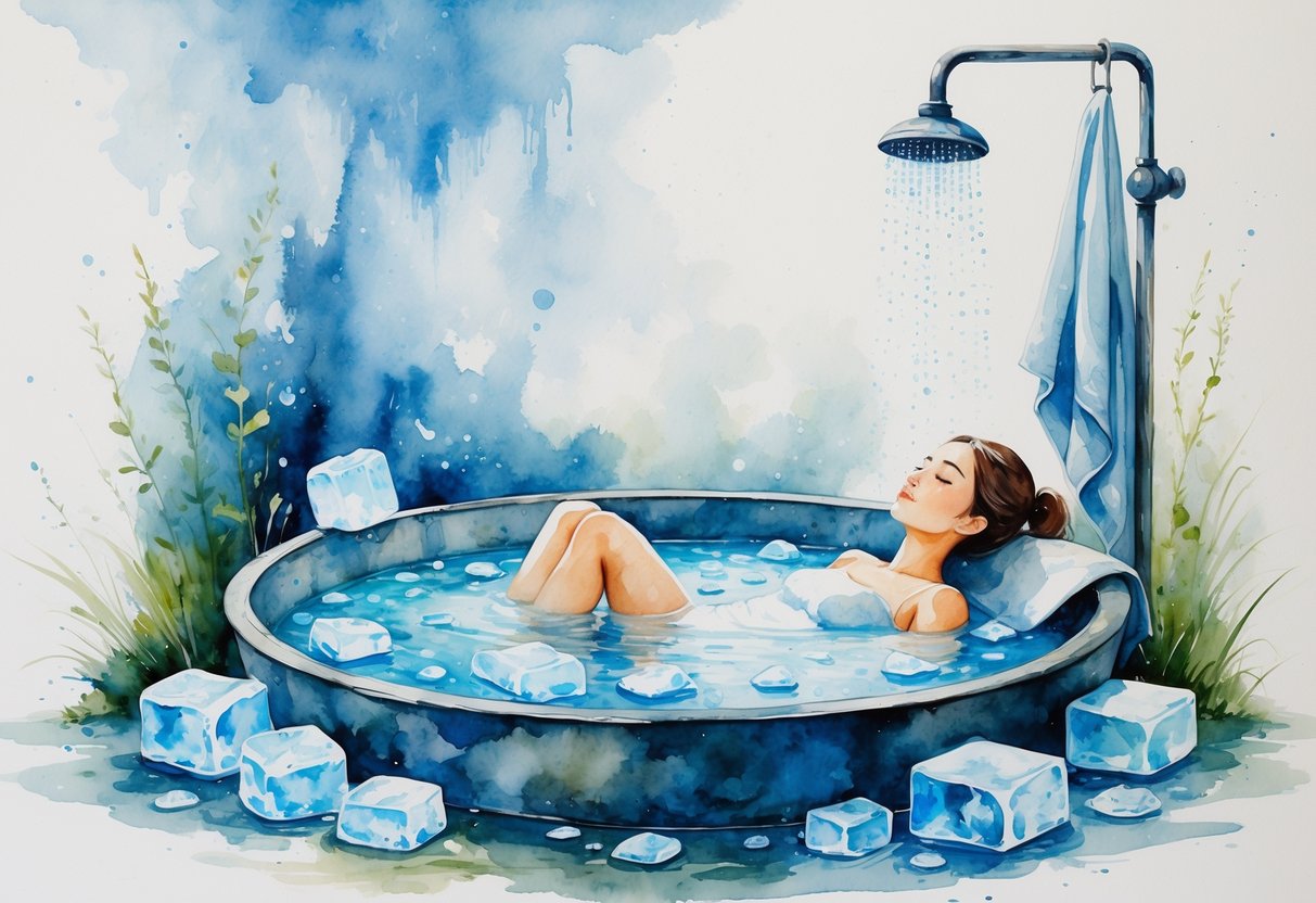 A person relaxing in an ice bath with cold water and ice cubes, next to a cold shower pouring water, surrounded by a peaceful natural setting.