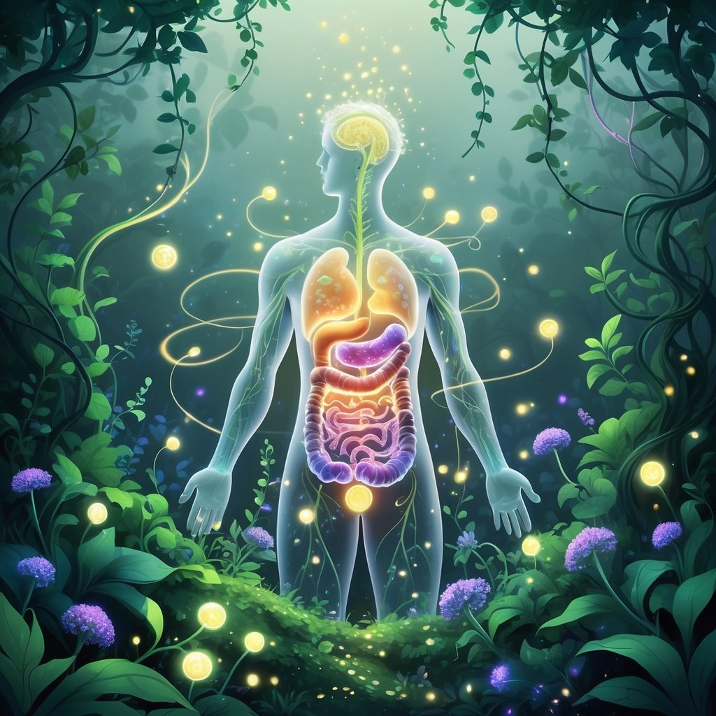A glowing human figure in a magical garden surrounded by luminous plants and tiny glowing microorganisms, symbolizing gut health and natural healing.
