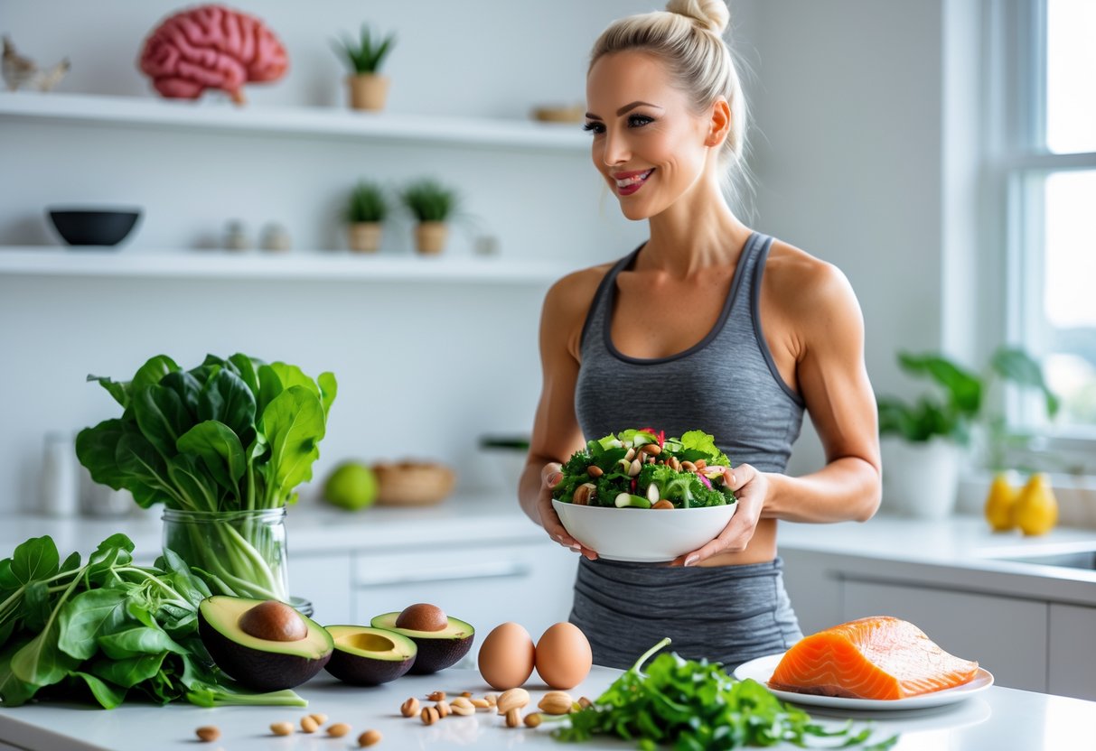 A woman preparing a healthy meal with fresh ingredients in a bright kitchen, symbolizing mental clarity and wellness.