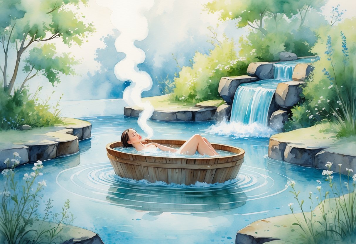 A person sitting calmly in a wooden tub filled with icy water outdoors, near a small waterfall flowing into a natural pool surrounded by trees and flowers.