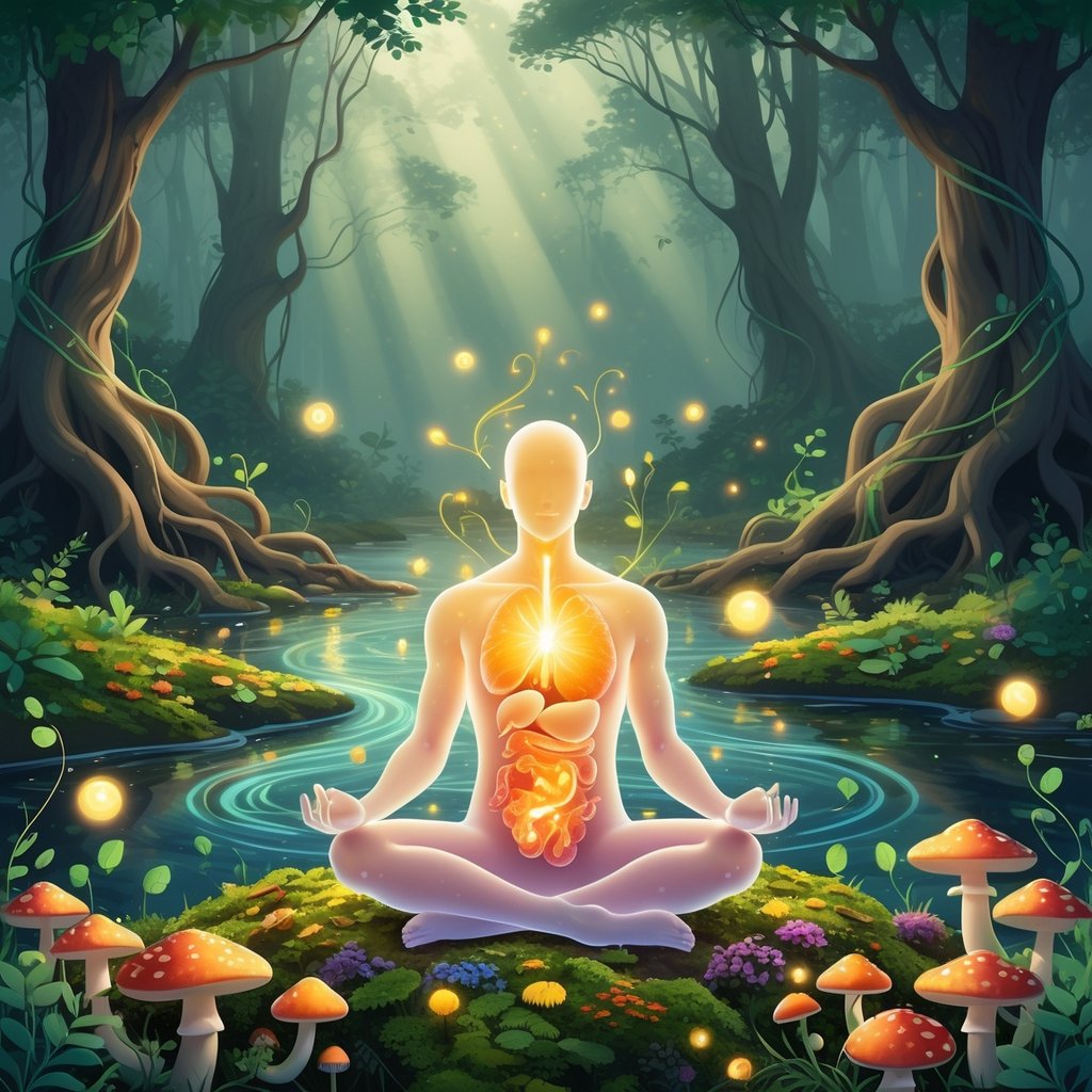 A glowing human figure sits peacefully in a forest surrounded by glowing orbs, plants, and streams, symbolizing natural gut health and balance.