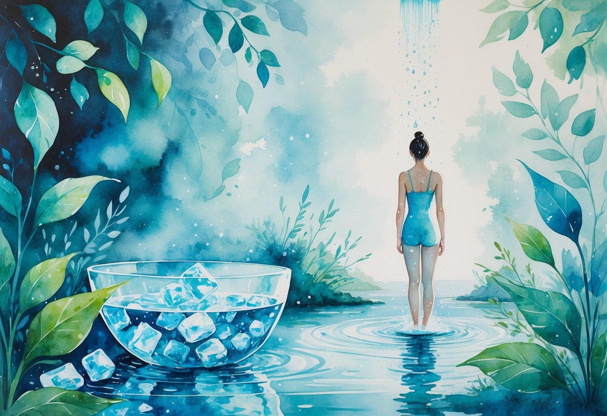 A person standing under a stream of cold water next to an ice bath surrounded by leaves and mist, conveying a sense of refreshment and recovery.