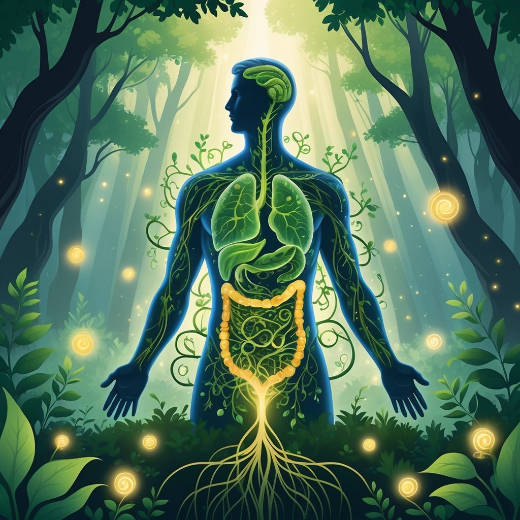 A glowing human figure with illuminated vines inside the abdomen stands in a magical forest surrounded by glowing plants, water droplets, and floating microorganisms.
